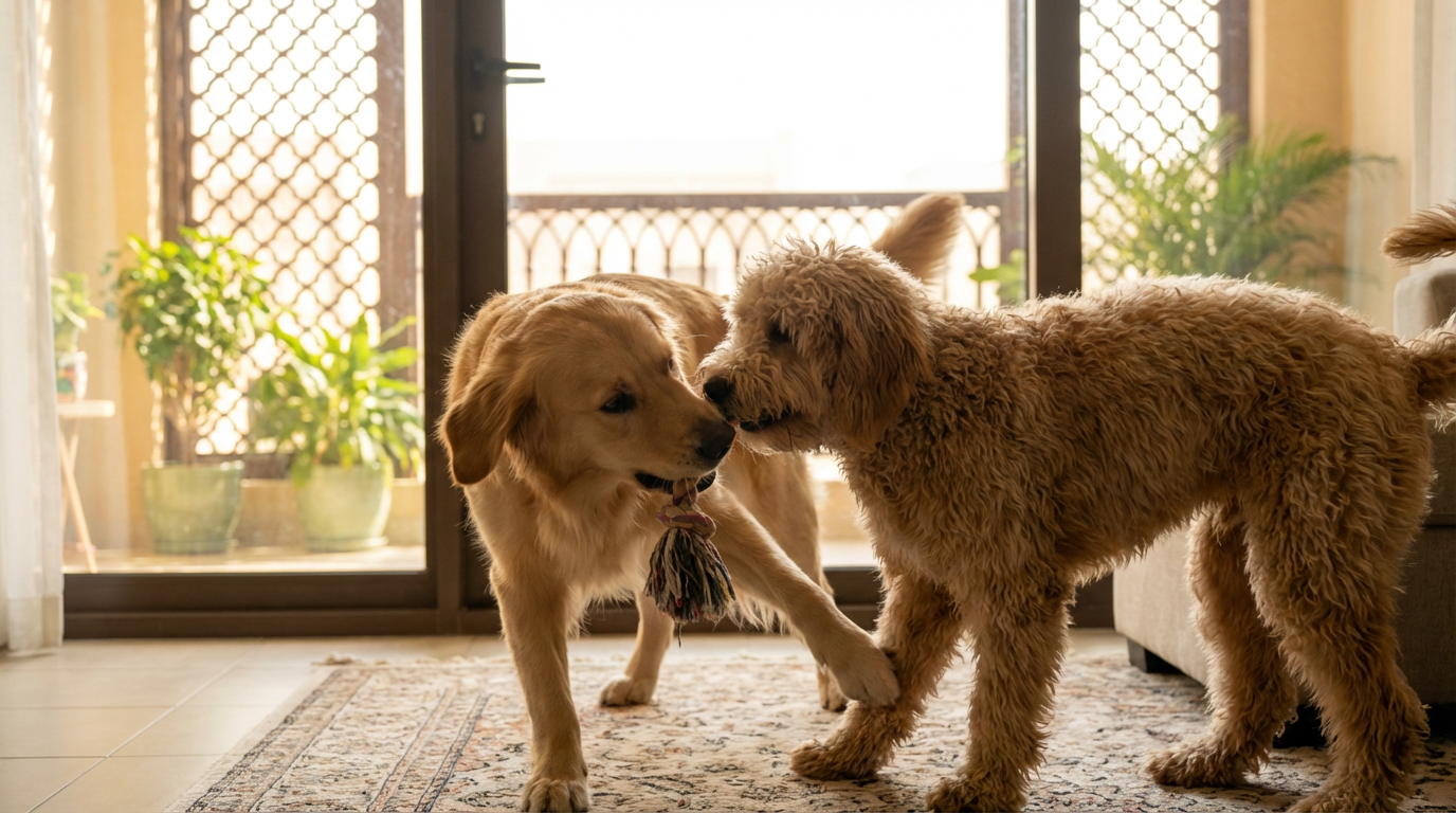 Dogs playing indoors at a boarding facility