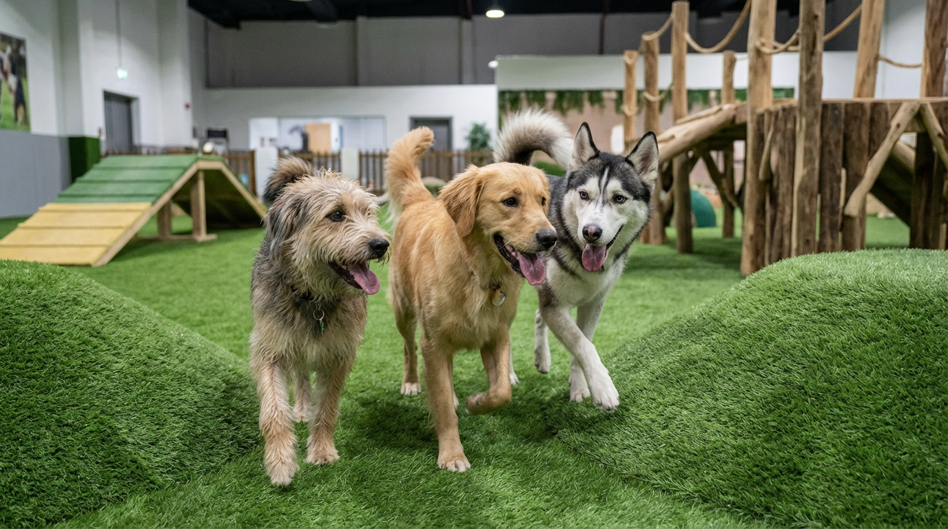Dogs running at a boarding facility