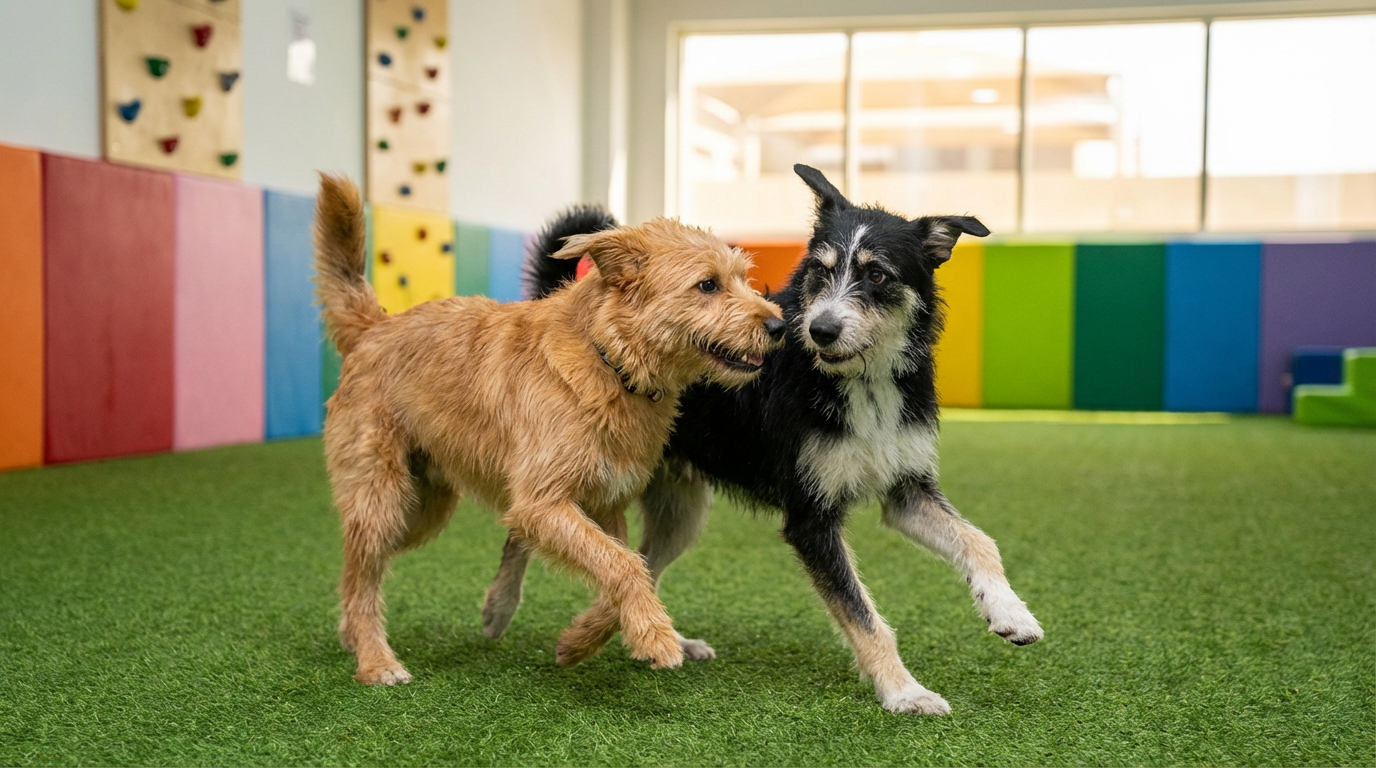 Dogs running and playing at a boarding facility