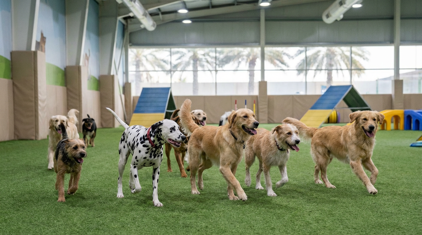 Dogs including Dalmatian playing at a boarding facility