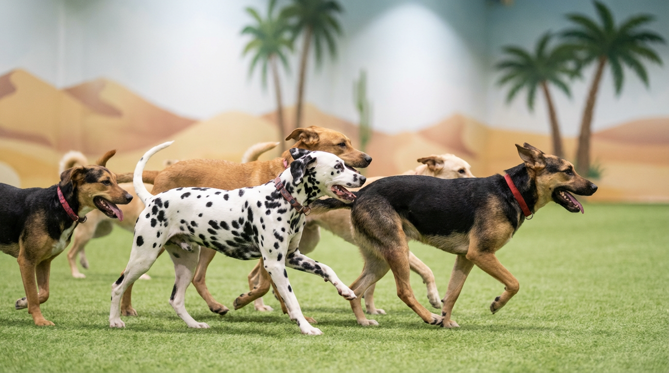 Mixed breed dogs including Dalmatian at a boarding facility