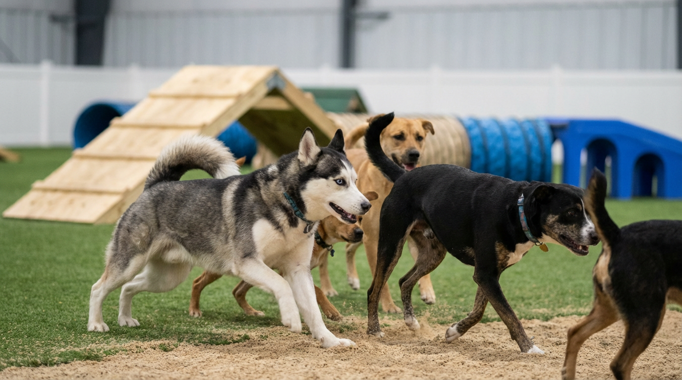 Mixed breed dogs including Husky at a boarding facility